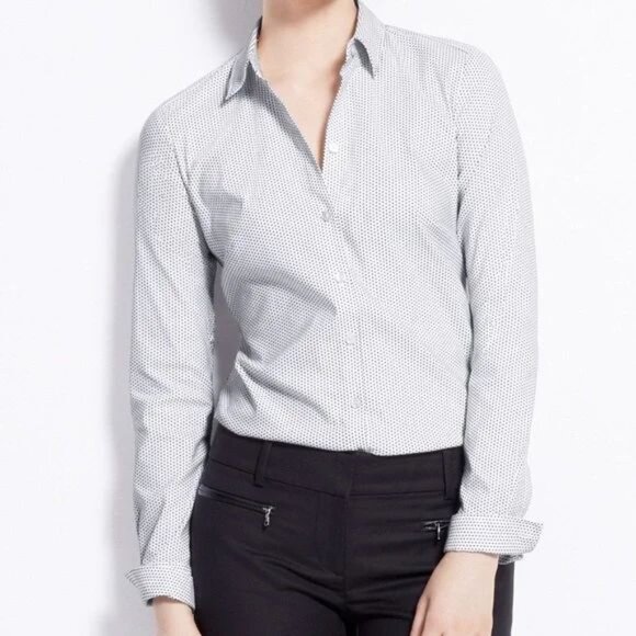 Ann Taylor Micro Dot Long Sleeve Button Down Shirt in White / Black Size 4 - Picture 1 of 13